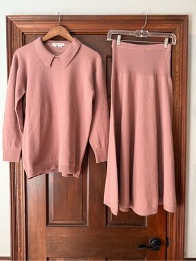 Vintage Nancy Heller Women's Rose Dust Cashmere Collared Pullover & Flared Skirt